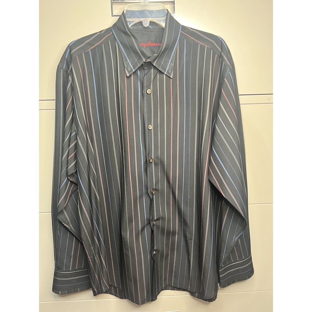 Tommy Bahama Shirt Mens XL Casual Button-Up Black Striped Long Sleeves Silk‎